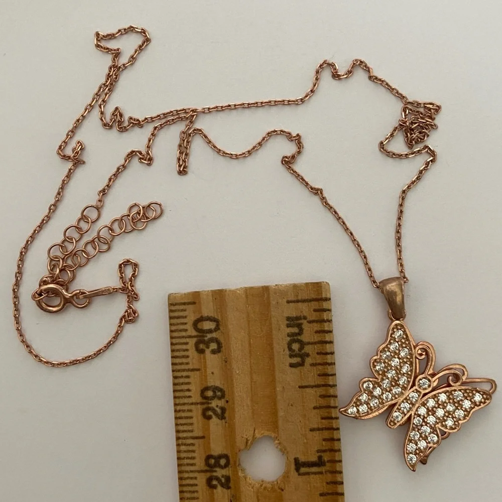 925 Silver butterfly necklace clear cz 14k rose gold plated